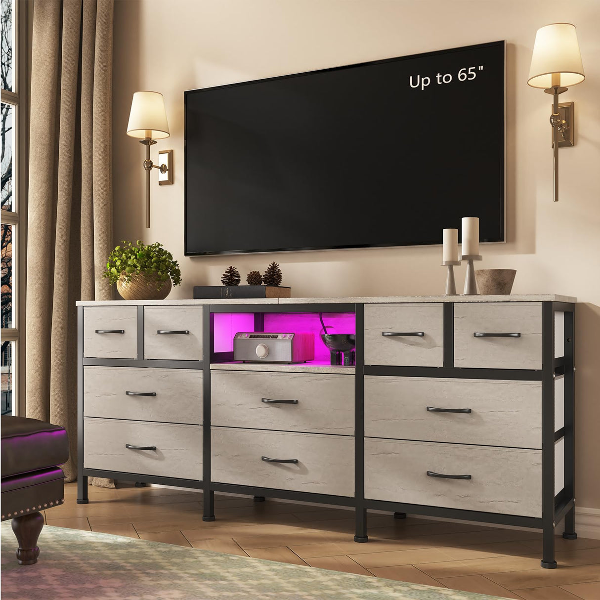 DrawXynth White Dresser for Bedroom with LED Lights and Power Outlets, 55" TV Stand with 10 Drawers & Open Shelves, Fabric Chest of Drawers with PU Finish, Metal Frame, Wood Top (Greige) DrawXynth