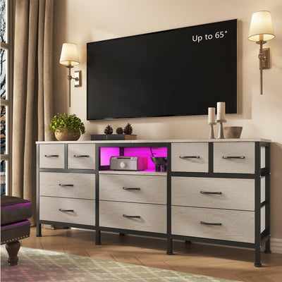 DrawXynth White Dresser for Bedroom with LED Lights and Power Outlets, 55" TV Stand with 10 Drawers & Open Shelves, Fabric Chest of Drawers with PU Finish, Metal Frame, Wood Top (Greige)