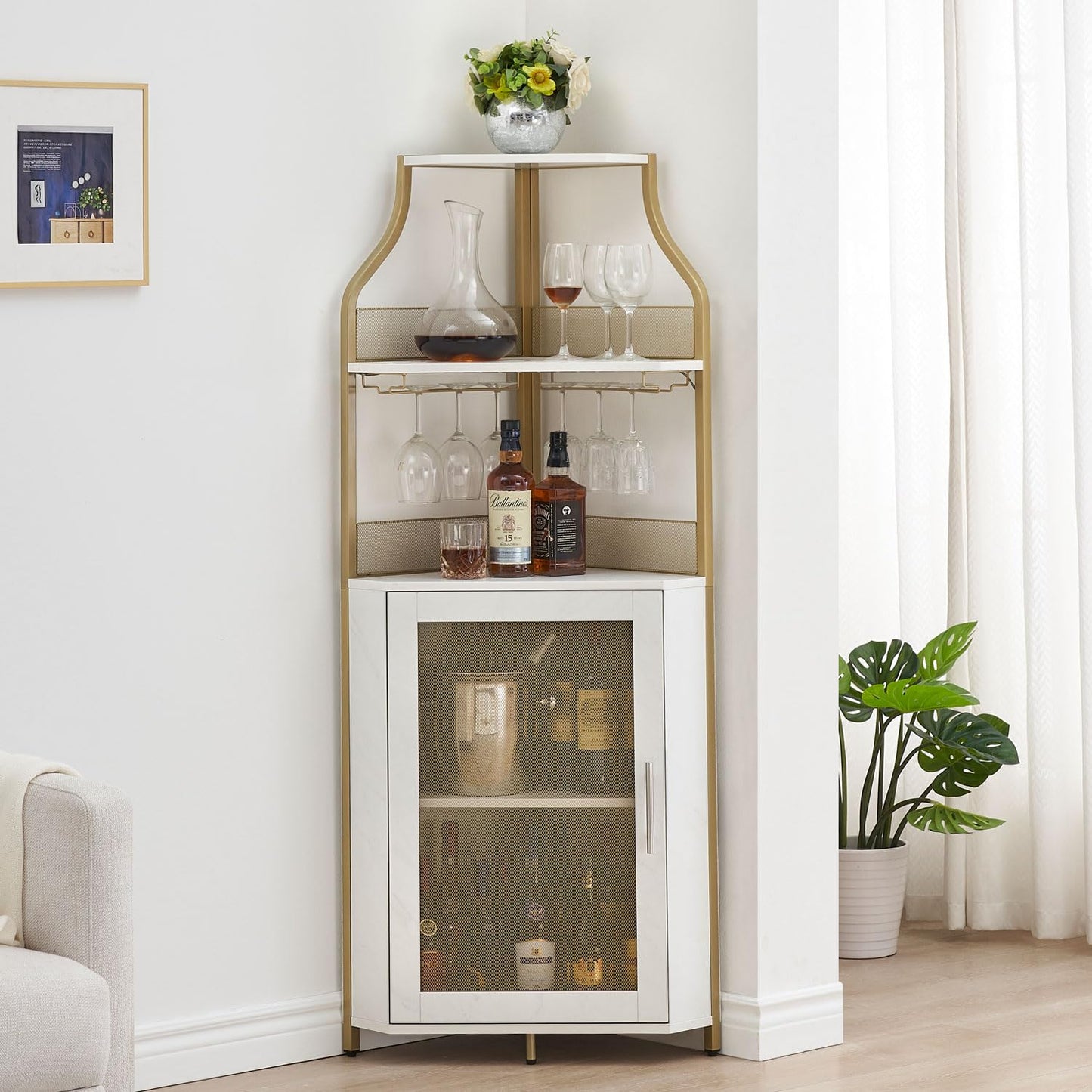 GAOMON Corner Wine Bar Cabinet with Large Storage Space and Removable Wine Rack, Coffee Bar Cabinet with Glass Holder and Mesh Door, 4-Tier Liquor Cabinet Bar, Gold