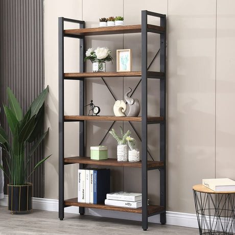 WH-AOERPUMY 5 Tier Bookcase, Solid Wood Bookshelf Rustic Vintage Industrial Etagere Bookcase, Metal and Wood Free Vintage Bookshelf, Retro Brown (Real Wood) (5-Tiers) WH-AOERPUMY