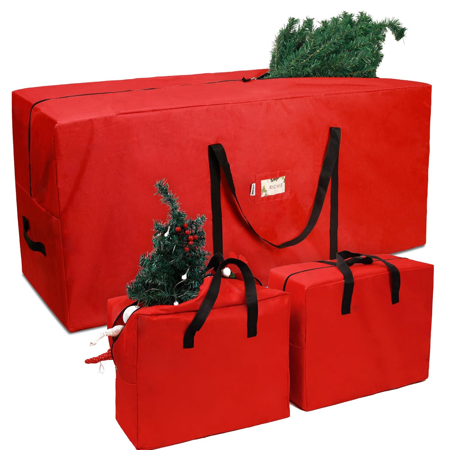 RICHIE Christmas Tree Storage Bag 7.5 ft (3pc Set), Fits Up to 7 Foot Artificial Trees, 600D Oxford Tear-proof Xmas Tree Bag, Reinforced Handles&Zippered&Durable, Holiday Decoration Storage Bags, Red