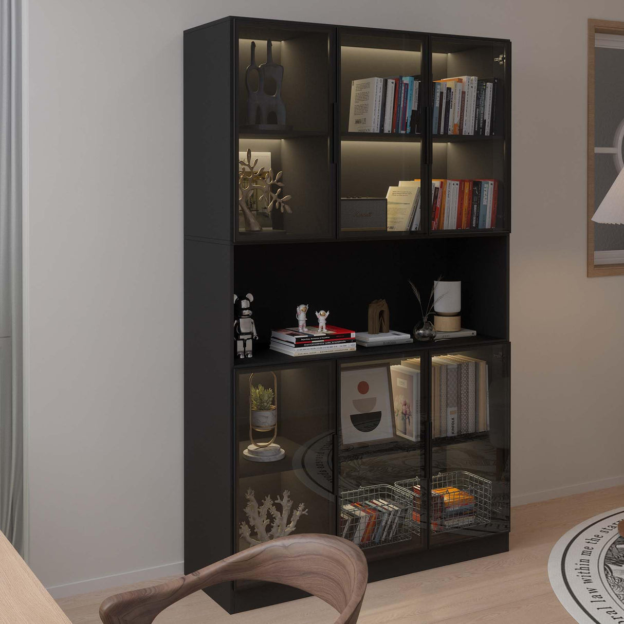 Jiaoun Display Cabinet with Glass Doors, LED Light and Storage Shelve, Curio Cabinets Modern Style Bookcase Trophy Case Display Cabinet for Collectibles - Black (47.2 "W x 16.5 "D x 78.7 "H) Jiaoun