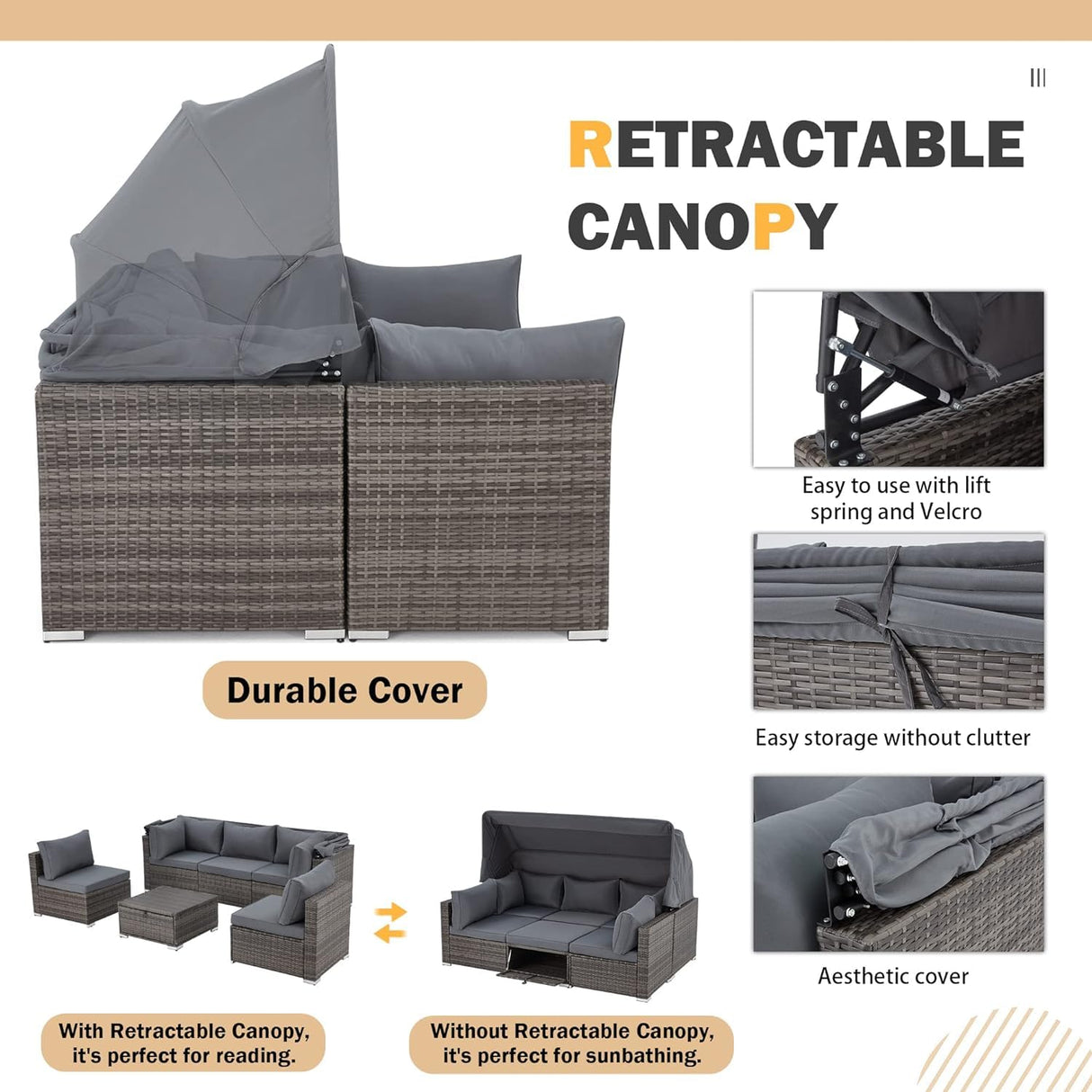 HOMREST 6 Pieces Patio Furniture Sets, Outdoor Daybed with Canopy, Rattan Outdoor Sectional Sofa Set with Adjustable Backrest, Chaise Chair Sunbed for Garden Poolside Backyard（Gray） HOMREST