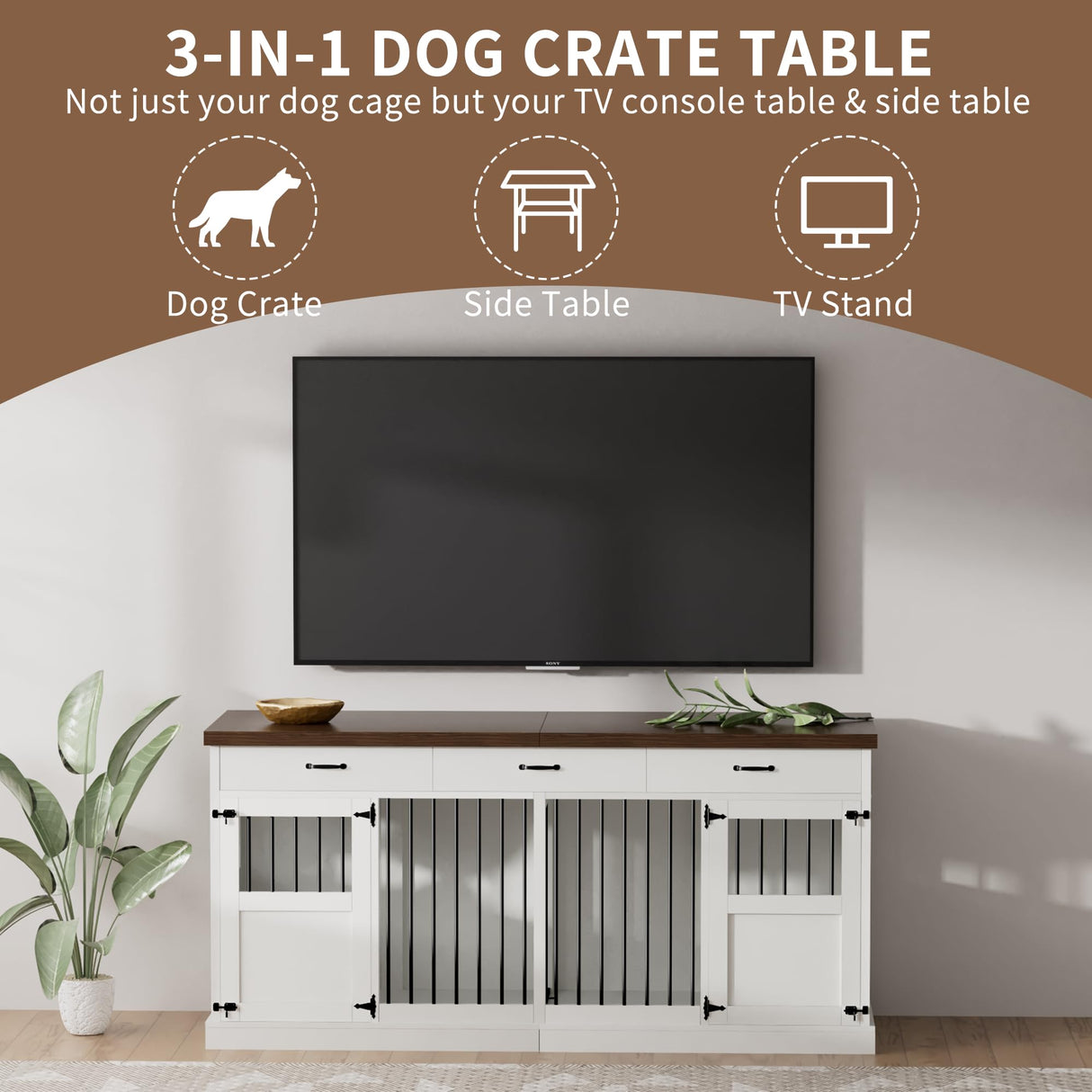 71" Dog Crate Furniture, Large Wood Double Dog Kennel Furniture with 3 Drawers, Crate Furniture Large Breed, Crates for 2 Dogs Furniture - White NBEETISM