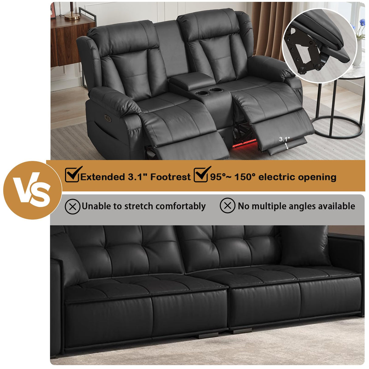 WISHDEER Power Reclining Loveseat Sofa, Loveseat Recliner Couch with Console, RV Recliners for Travel Trailers, Home Theater Seating with Cup Holders/LED/Drawer/USB/USB C (Black) WISHDEER