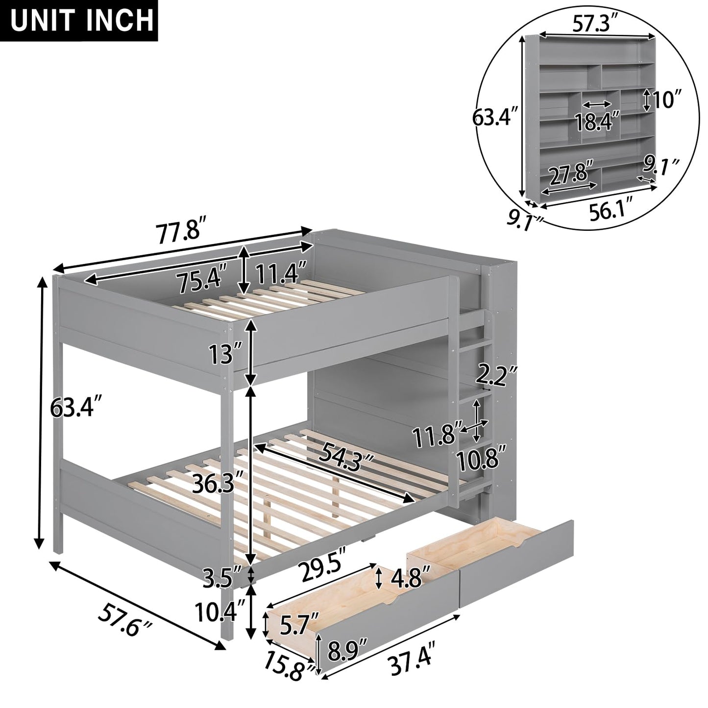 Harper & Bright Designs Grey Full Over Full Bunk Bed with Storage & Bookshelf - WoodArtSupply