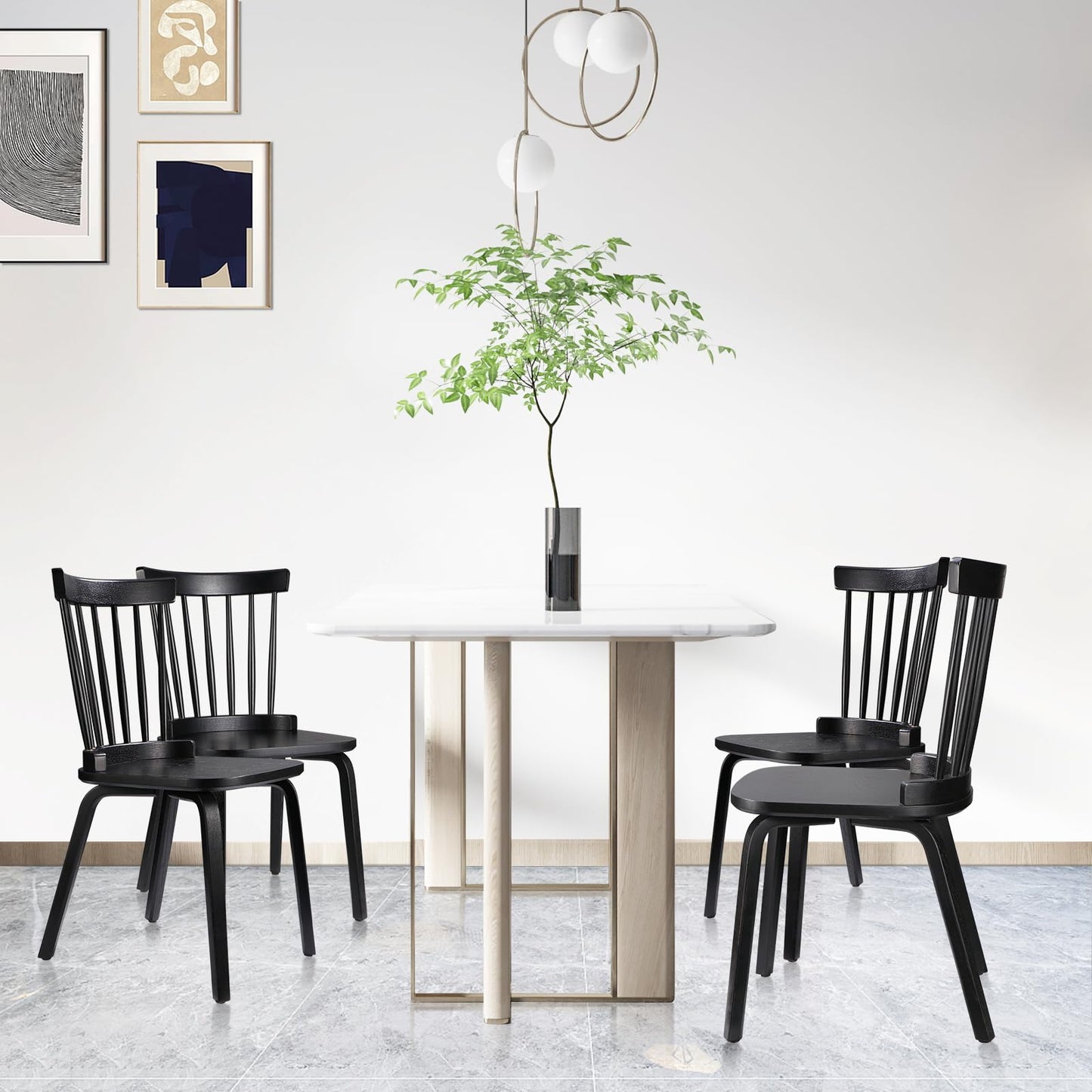 Unovivy Wood Dining Chairs Set of 4, Farmhouse Spindle Back, Widen Seat, Modern Mid-Century Country Style, for Living Room Restaurant, Black - WoodArtSupply