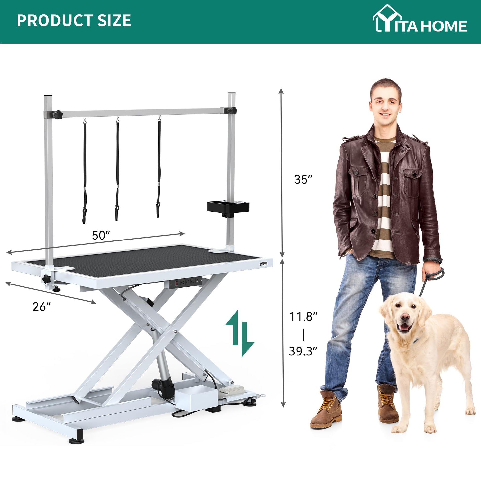 YITAHOME 50" Electric Dog Grooming Table Professional Heavy Duty Pet Grooming Table for Dogs at Home, Aluminium Adjustable Overhead Arm & Tool Organizer, Large Pet Grooming Station White - WoodArtSupply