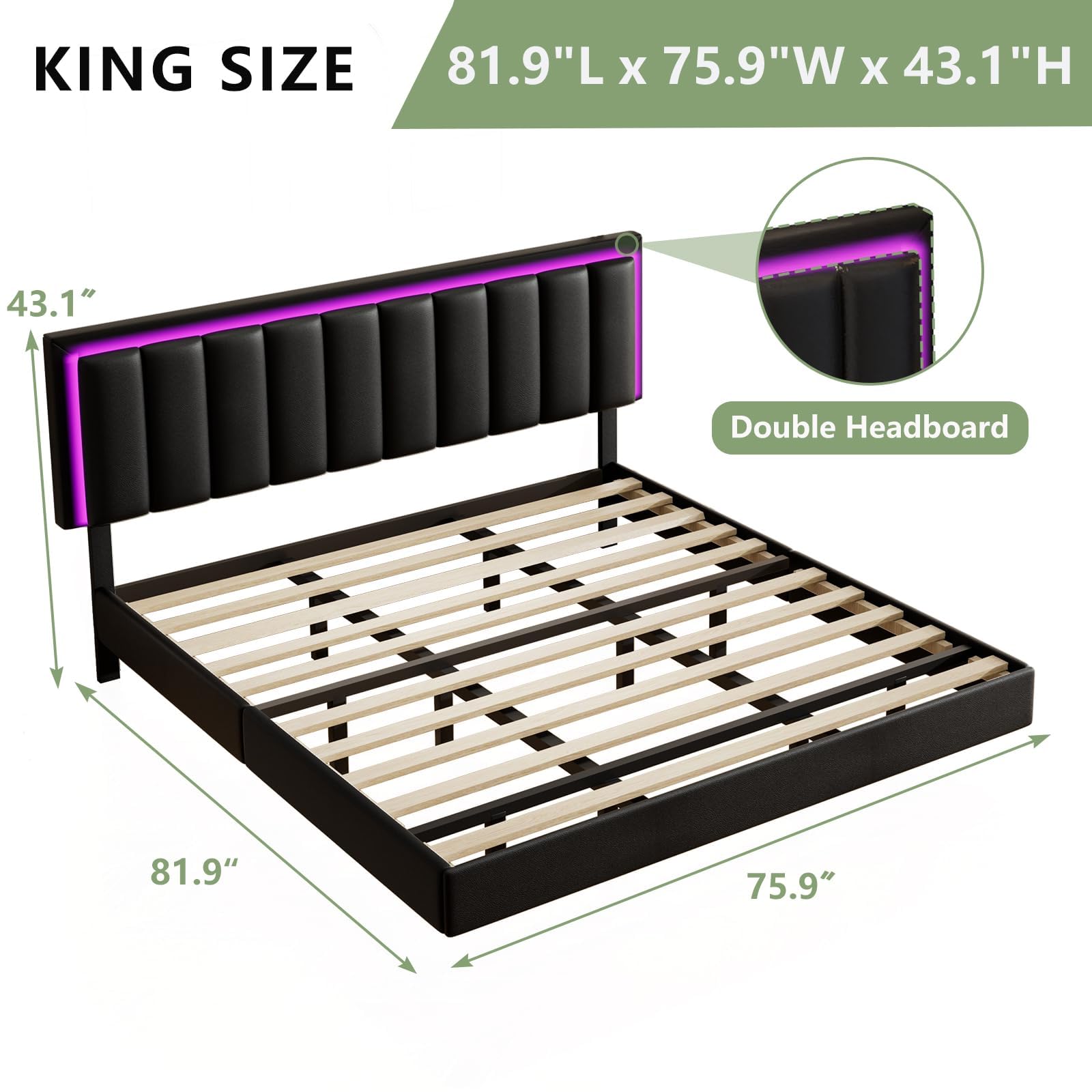 Immerstable King Floating Bed Frame with RGB LED Lights and Upholstered Headboard - WoodArtSupply