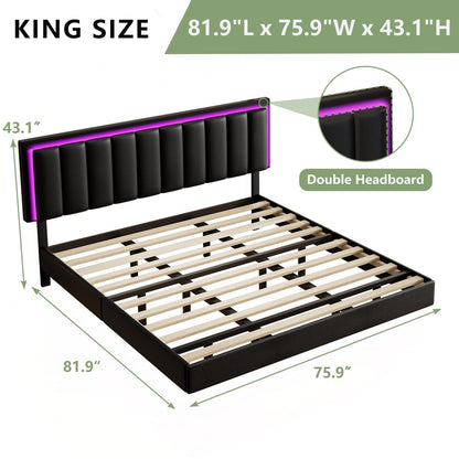 Immerstable King Floating Bed Frame with RGB LED Lights and Upholstered Headboard - WoodArtSupply