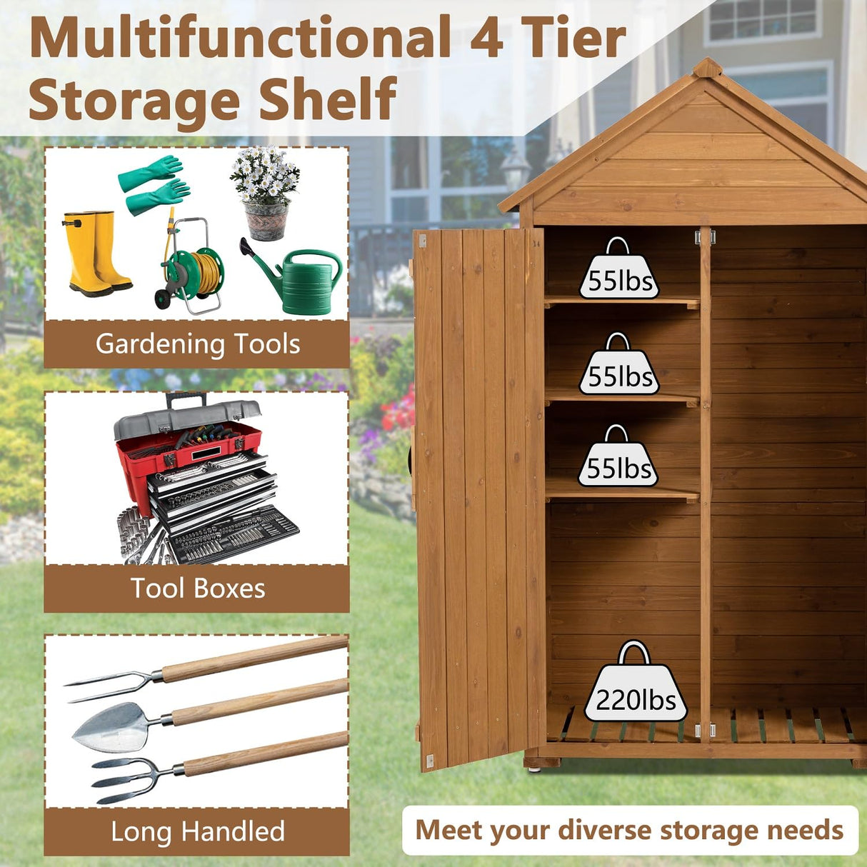 DetalleGo Outdoor Wooden Storage Cabinet, Storage Shed with 3 Detachable Shelves, Lockable Wooden Garden Shed with Waterproof Roof, Outside Vertical Tall Tool Shed for Yard Patio Lawn Deck (Natural) DetalleGo
