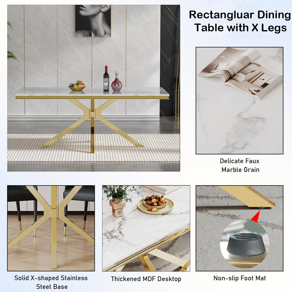 9 Piece Dining Table Set with 8 PU Leather Dining Chairs,70in Faux White Marble Dining Table Set with Stainless Steel Legs,Luxury Gold Dining Room Table Set for 8, Kitchen Table and Chair Set for 8 Henf