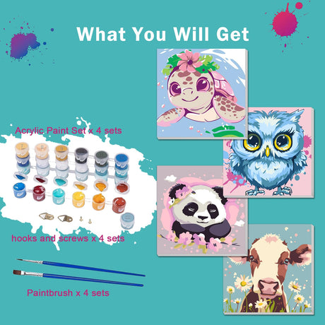 AILIBUT 4 Pack Animal Paint by Numbers Kit for Kids Age 4-12, Framed Canvas Paint by Number Animals Drawing Kit, Color by Number for Beginners, 8x8 Inch AILIBUT