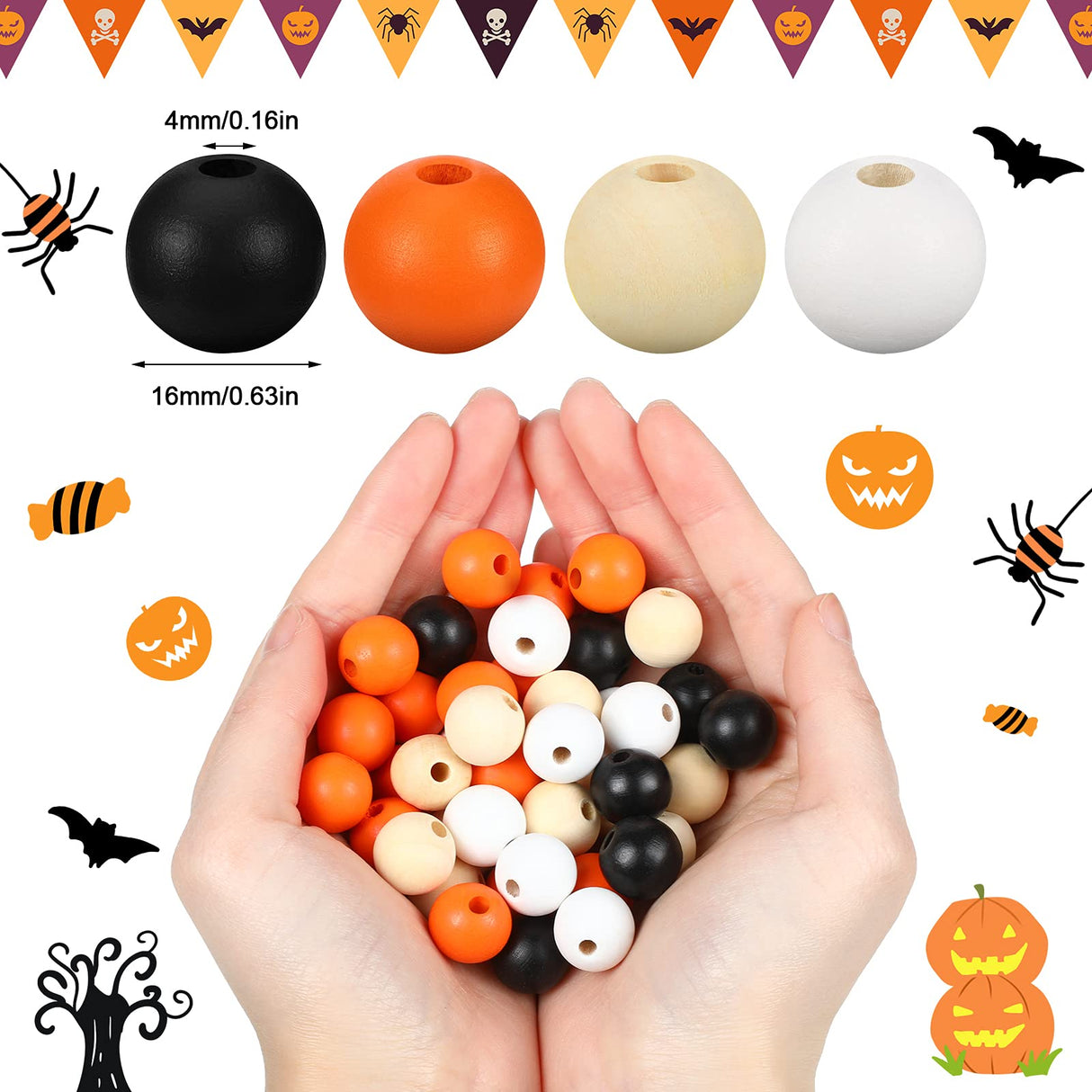 160 Pieces Wood Bead for Craft Halloween Natural Wooden Beads Rustic Farmhouse Handmade Polished Spacer Boho Bead Colorful Bead for Halloween Garlands DIY (Stylish Colors) Jetec