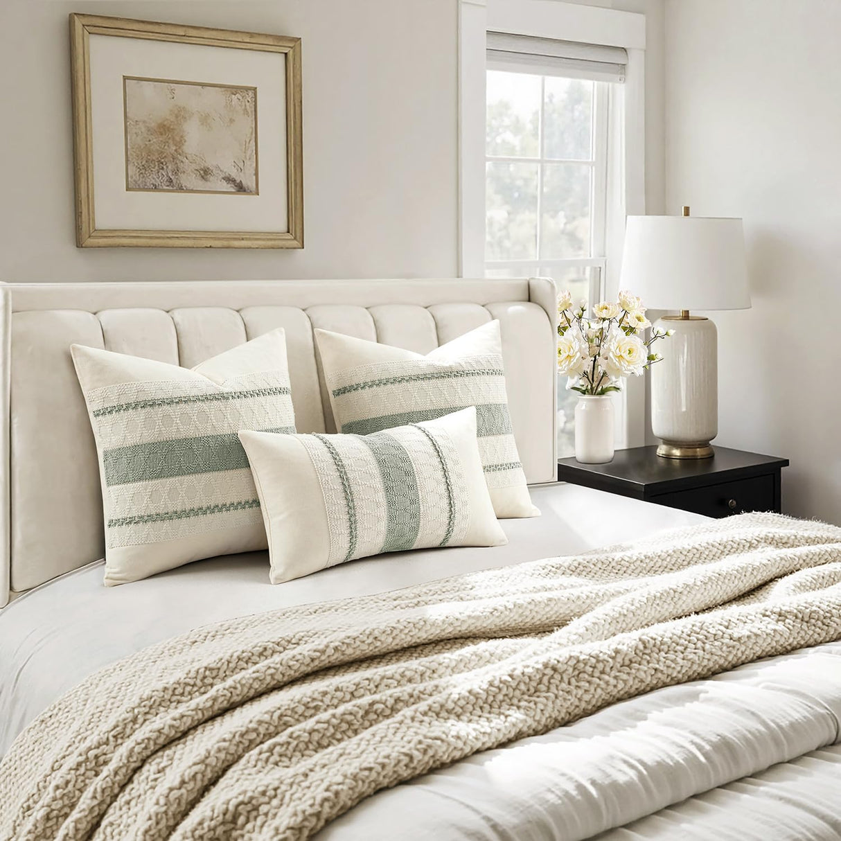 Woaboy Set of 2 Decorative Pillow Covers Boho Farmhouse Couch Throw Pillows Modern Cotton Cushion Covers Macrame Woven Spring Home Decor for Bed Sofa Chair 18x18 Inch Sage Green Woaboy