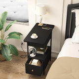 SOOWERY End Table with Charging Station, Narrow Side Table with Flip Top Cabinet and Fabric Drawer, Nightstand Bedside Tables for Small Spaces, Bedroom, Living Room, Black SOOWERY