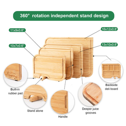 GolfFox Wooden Cutting Boards for Kitchen, Double-Sided: Wooden Chopping Board and Charcuterie Board, Bamboo Cutting Board Set with Holder, Wood Cutting Board Set with Stand, Wooden Cutting Board Set