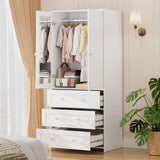 VOWNER Armoire Wardrobe Closet with Drawers and Mirror, 71" Clothing Storage Cabinet with Hanging Rod, 2 Doors Wooden Wardrobe Cabinet for Bedroom, Large Capacity Storage, White VOWNER