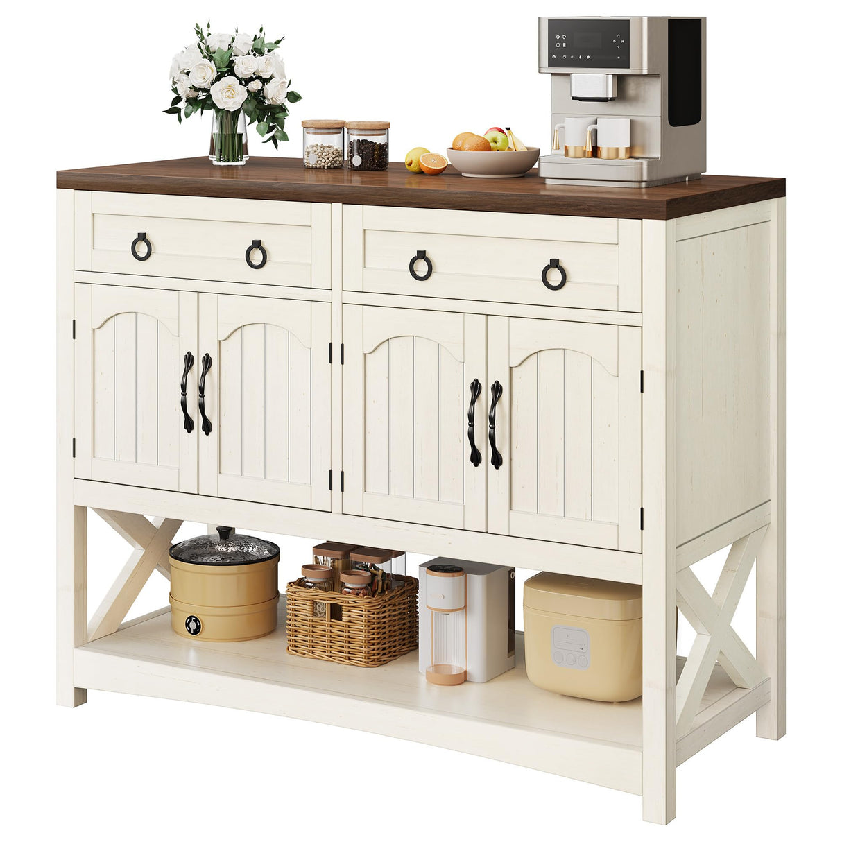 DWVO 47.2" Buffet Sideboard Cabinet with Storage, Farmhouse Coffee Bar Cabinet w/2 Drawers, Wood 4-Doors Console Table with Adjustable Shelves for Kitchen, Dining Room, Living Room, Entryway (White) DWVO