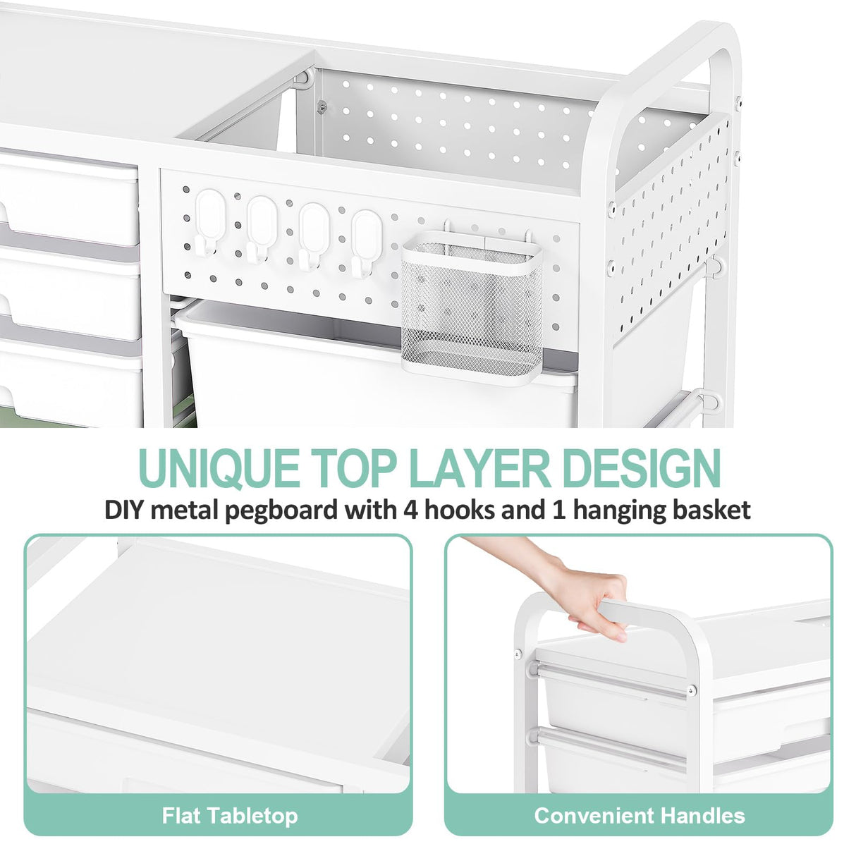 SYKIARIOL 14 Drawer Rolling Cart with Tabletop & DIY Pegboard, Storage Cart with Wheels, Classroom Organizers Utility Cart for Office Home School, Art Supplies, Mobile Craft Organizer, Green SYKIARIOL