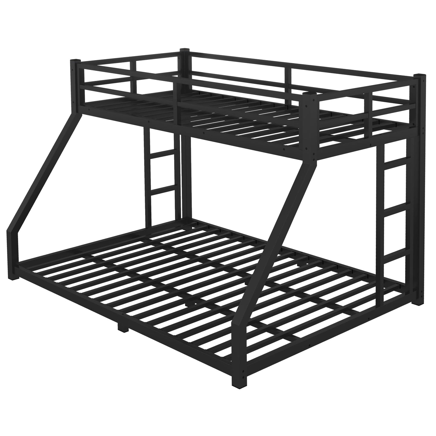 PVWIIK Twin XL Over Queen Bunk Bed with Full Length Guardrail & Ladders,Heavy Duty Metal Low Bunk Bed Frame for Adults, Teens, Kids,No Box Spring Needed,Black