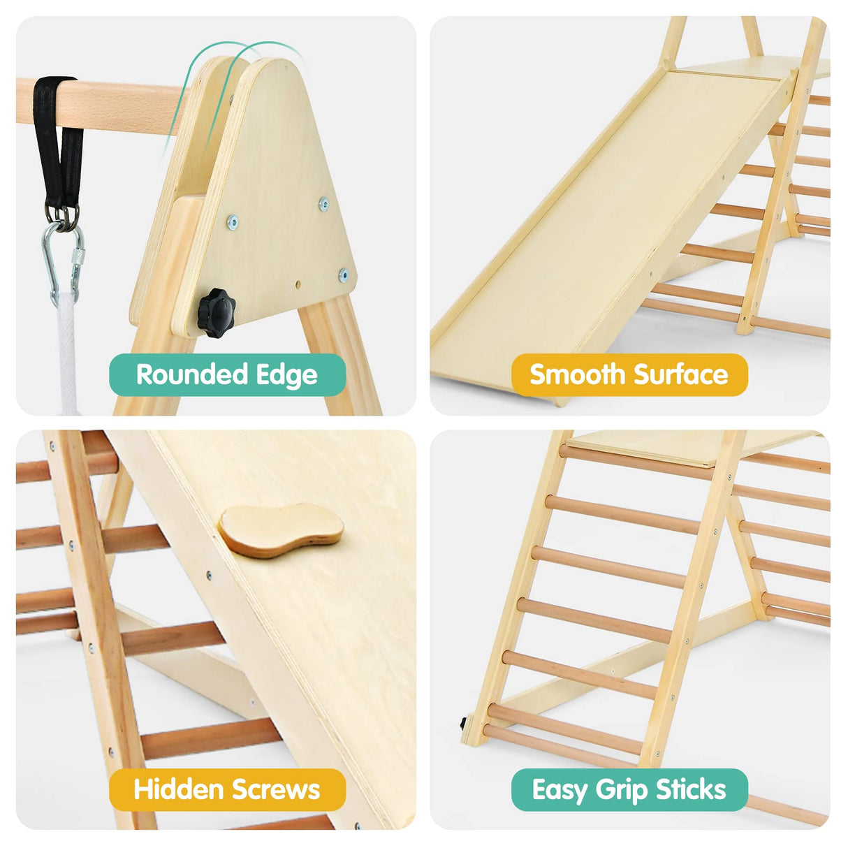 OLAKIDS Toddlers Triangle Climbing Set, 4 in 1 Foldable Kids Wood Montessori Climber Ladder with Ramp, Slide and Swing, Indoor Playground Jungle Play Gym Structure for Boys Girls Olakids