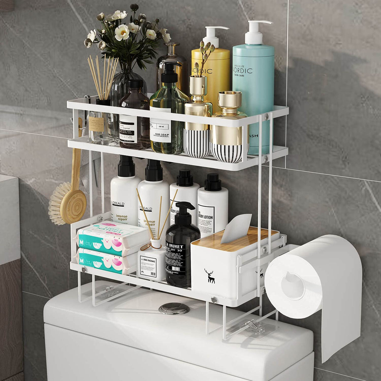 Godboat Bathroom Organizer - Over The Toilet Storage Cabinet, 2-Tier Bathroom Storage, Bathroom Shelves with 2 Hooks & Paper Rack, Bathroom Accessories & Decor, Gifts for Women, Mothers Day (White) Godboat