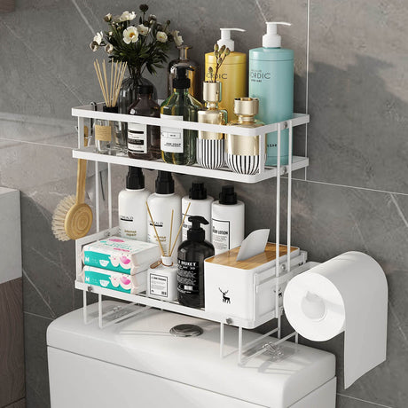 Godboat Bathroom Organizer - Over The Toilet Storage Cabinet, 2-Tier Bathroom Storage, Bathroom Shelves with 2 Hooks & Paper Rack, Bathroom Accessories & Decor, Gifts for Women, Mothers Day (White) Godboat