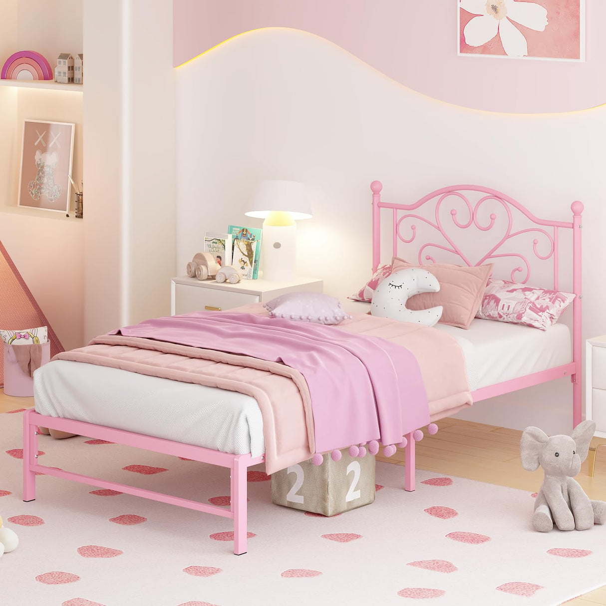 Elephance Twin Bed Frame with Headboard Metal Bed Frame Twin Size with Storage Space No Box Spring Needed Easy Assembly,Pink Elephance