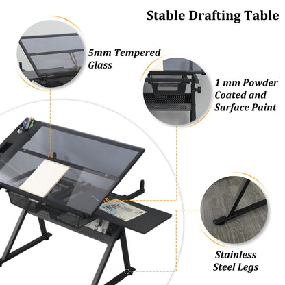 Olela Drafting Desk, Height Adjustable Drafting Table Versatile Art Craft Artists Paintings Storage Work Station with Tilting Temped Glasses Tabletop and Stool (Drawing Table - 1) - WoodArtSupply