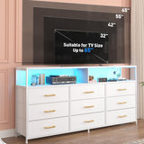 EnHomee 55” W Dresser, White Dresser for Bedroom with Power Outlet & LED Lights for 65" TV Stand for Bedroom Dresser with 9 Fabric Drawers, Sturdy Dressers for Bedroom, Closet, Entryway EnHomee