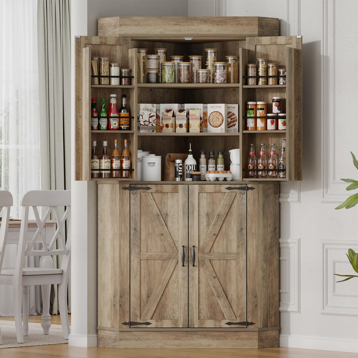 Gyfimoie Corner Cabinet,Kitchen Pantry Storage Cabinet,Freestanding Buffet Cabinet with 4 Doors and Shelves,Tall Food Pantry Cabinet Farmhouse Furniture with Side Rack for Kitchen Dining Room(Retro) Gyfimoie