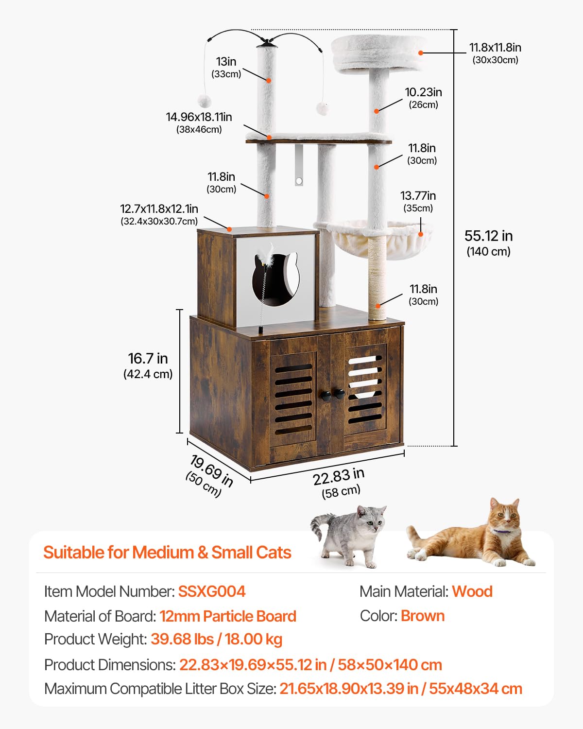 VEVOR Large Cat Tree with Litter Box Enclosure, 55.12 inches Tall, 2-in-1 Cat Tower, Multi-Level Cat Condo Furniture with Perches, Sisal Scratching Posts, Hammock, Big Kittens House for Indoor Cats VEVOR