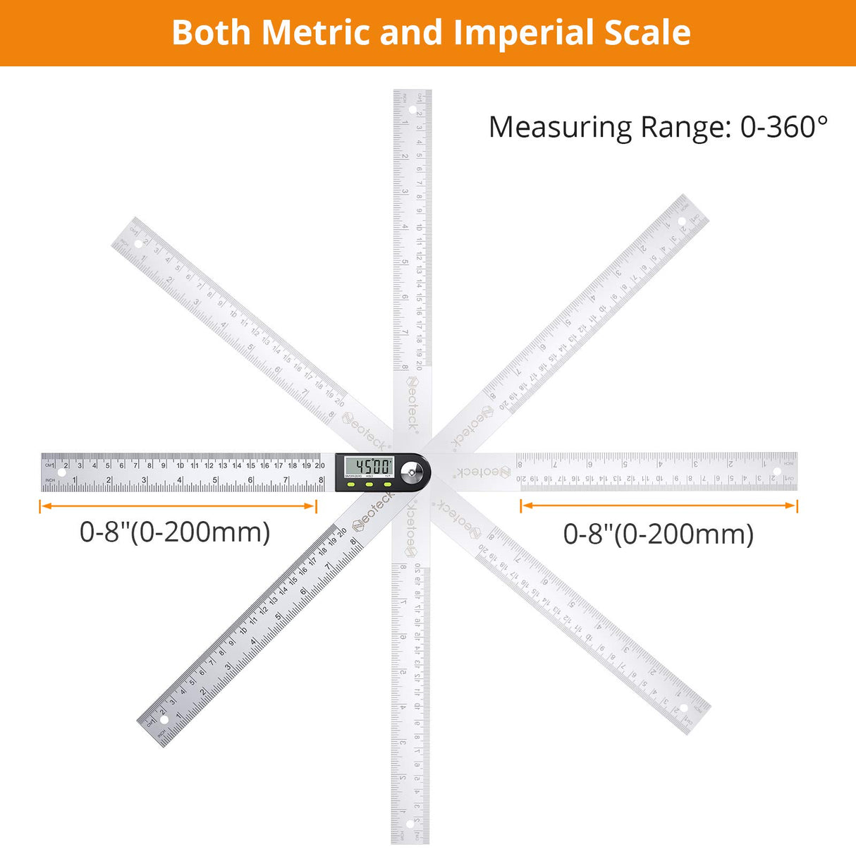 Neoteck Digital Angle Finder Ruler 8 inch/200mm Stainless Steel Digital Protractor with Data Hold Function and Zeroing Resetting LCD Display Electronic Spirit Level Gauge Ruler Neoteck