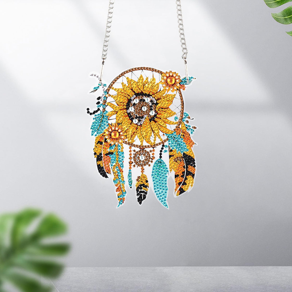 Sunflower Dream Catcher Diamond Painting Kit Ornament with Hanging Chain DIY Diamond Art Hanging Pendant Paint by Number Stained Glass Wall Art for Adults Home Wall Decor Gift AiYuanzsh