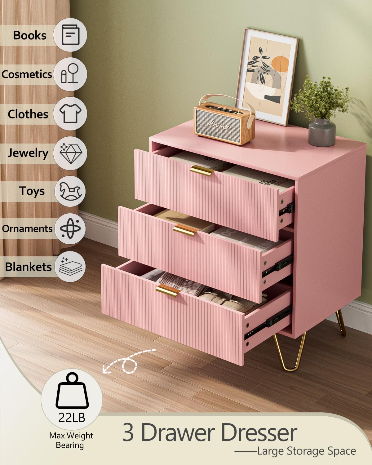 Aobafuir 3 Drawer Dresser for Bedroom, Modern Closet Dressers Chest of Drawers, Storage Dresser Chest Cabinet Organizer Unit, Small Fluted Dresser for Bedroom (Pink Stripe) Aobafuir