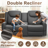 Dresegmt Loveseat Recliner Sofa, Gray PU Leather Double Recliner Loveseat with Console, Cup Holders, Storage & USB Ports, Ergonomics， Manual Reclining Sofa Couch for Living Room, RV Dresegmt