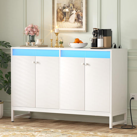 Aheaplus Sideboard Buffet Cabinet with Power Outlet, Kitchen Storage Cabinet with LED Light & Doors, Accent Cabinet Cupboard Buffet Table with Storage for Dining Room, Living Room, Hallway, White Aheaplus