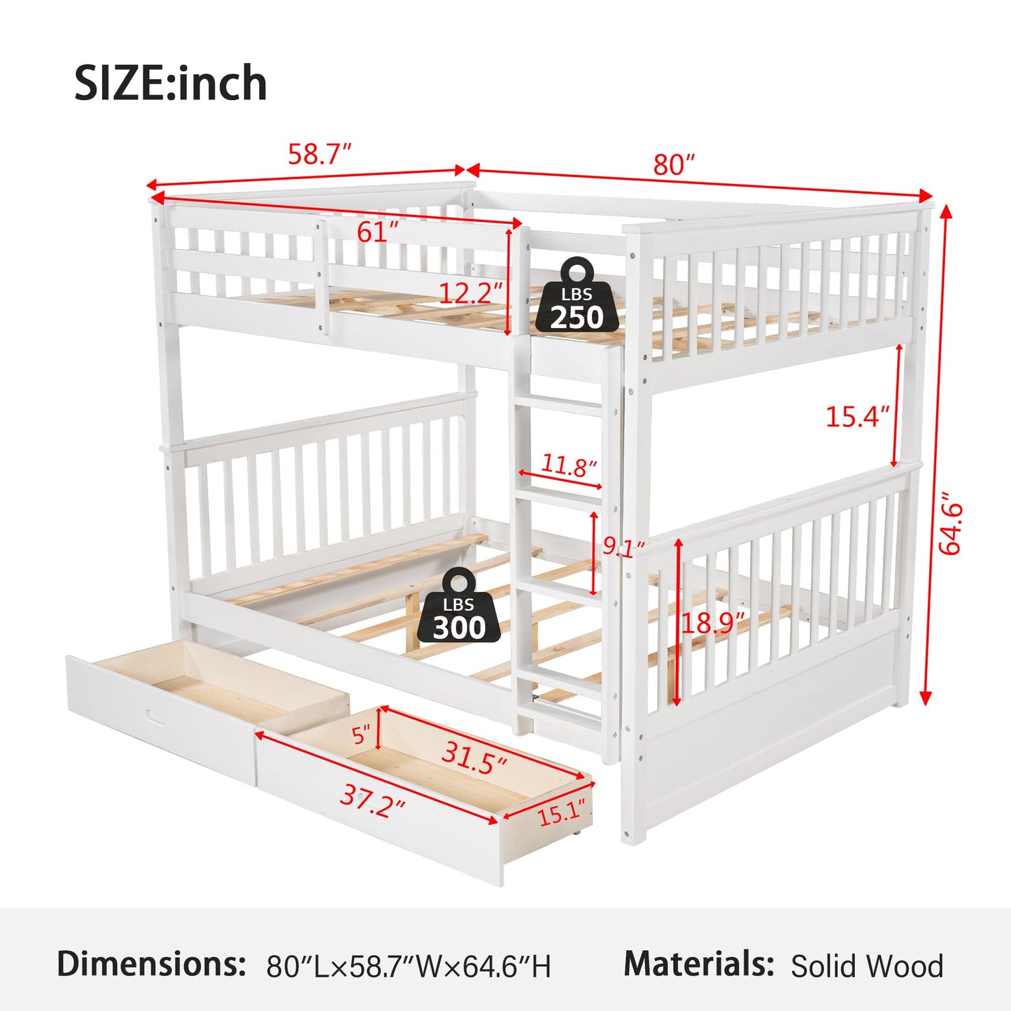 Merax White Convertible Solid Wood Bunk Bed with Ladders and Storage Drawers - Full Over Full - WoodArtSupply