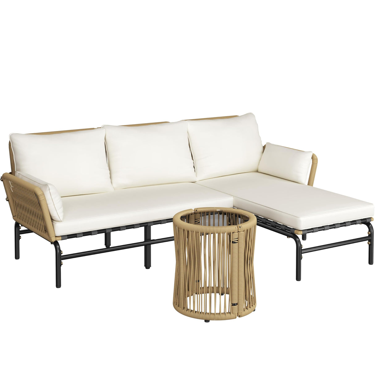 Yaheetech 3 Pieces L-Shaped Conversation Sofa Set, Outdoor Patio Furniture Set w/Detachable Lounger, Thick Cushions, Glass Side Table for Patio, Backyard, Porch, Garden Yaheetech