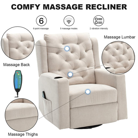 Comermax Oversized Massage Recliner Chair Swivel Rocker Recliner for Adult, Wide Seat Fabric Reclining Chair, Manual Recliner Chair with Cup Holder, Glider Rocking Chair for Nursery, Beige Comermax