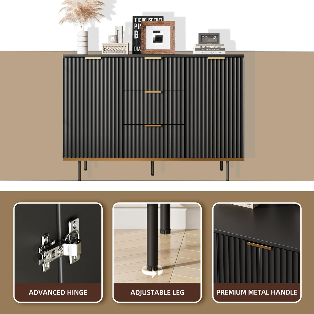 Buffets & Sideboards, Fluted Sideboard Cabinet, 2 Door 3 Drawer Design, Acceent Black Sideboard - Elegant Cabinet Ideal for Dining Room and Kitchen Storage 47.2 inch Svimi