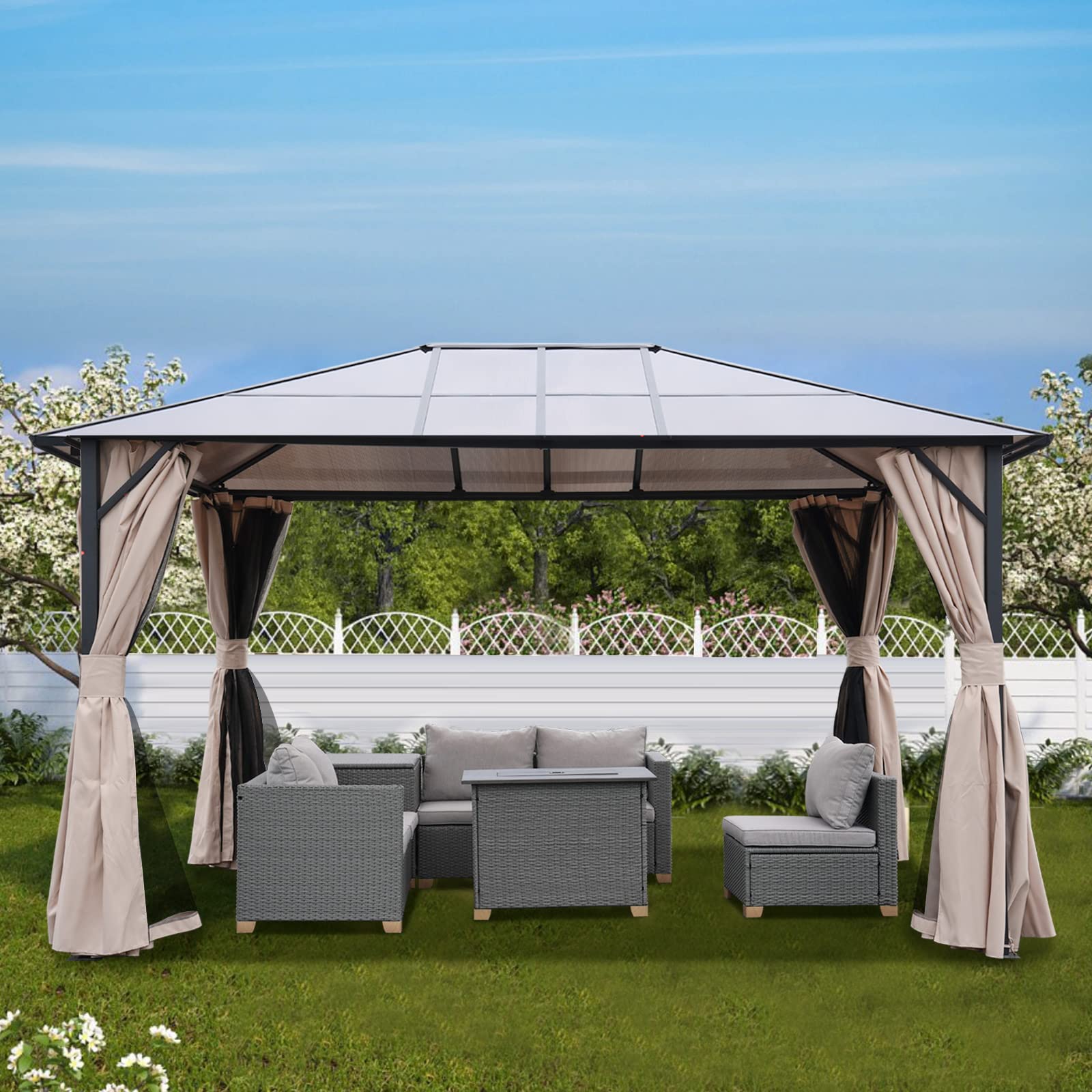 Grand Patio 10'x13' Gazebo Outdoor Hardtop Polycarbonate Gazebo Canopy with Netting and Curtains for Garden, Patio, Backyard - WoodArtSupply