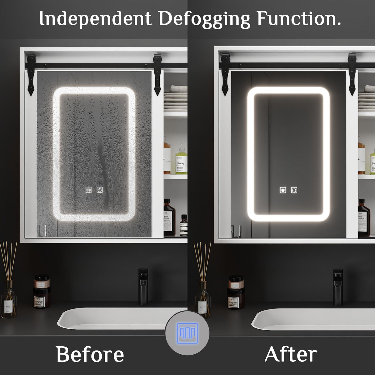 FUNISIR Mirror Medicine Cabinet Wall Mounted, 35.4" x 27.6" Bathroom Lighted Mirror Medicine Cabinet with Farmhouse Sliding Barn Door, Makeup Vanity Mirror with Defogger, Dimmer, Storage FUNISIR