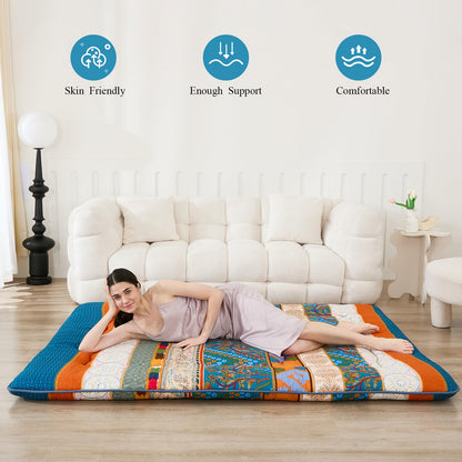 XICIKIN Japanese Floor Mattress, Japanese Futon Mattress Foldable Mattress, Roll Up Mattress Tatami Mat with Washable Cover, Easy to Store and Portable for Camping,(Bohemian,Twin)