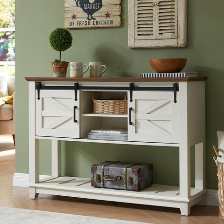 AMERLIFE Sofa Table with Sliding Barn Doors, TV Console Table, 46" Farmhouse Rustic Storage Entryway Table, Adjustable Open Shelves, Hallway, Living Room, Bedroom, Antique White AMERLIFE