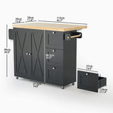 IRONCK Rolling Kitchen Island Cart with Drop-Leaf Countertop, Barn 3Drawers, Barn Door Style Cabine,Thicker Rubberwood Top, Spice Rack, on Wheels, for Kitchen and Dining Room, Black IRONCK