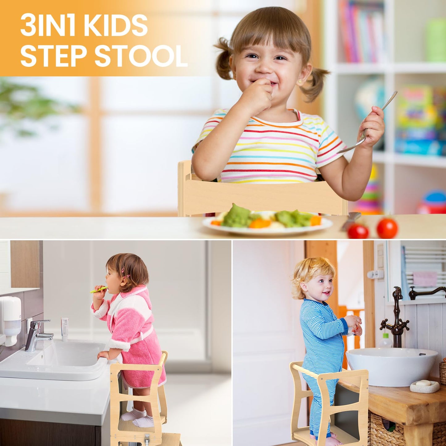 Toddler Tower, Kitchen Stool Helper for Toddlers, Learning Wooden Tower with Chalkboard and Backrest, 3 in 1 Kitchen Standing Tower, Foldable Weaning Table with Safety Rail, Step Stool Montessori