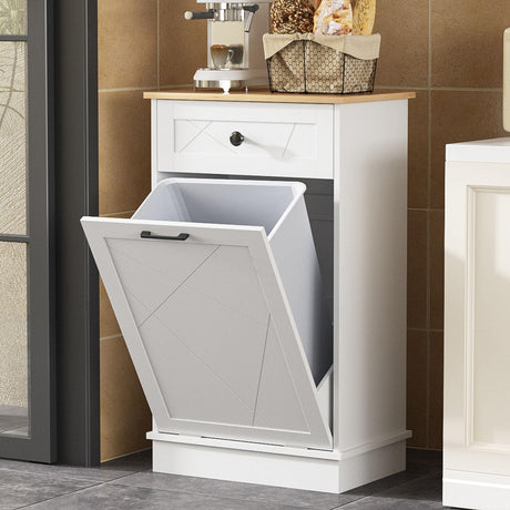 Halitaa Trash Cabinet Double Tit Out Trash Bin, Dog Proof Hideaway Tilt Out Can Holder with Two Drawers, Free Standing Recycling for Kitchen Living Room White Halitaa