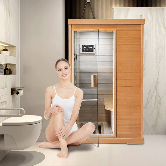 Buycitky Hemlock Infrared Home Sauna - Indoor/Outdoor Wood Dry Saunas with LCD Control Panel, Timer & Temp Function, Low EMF Heater Sauna with LED Lights & Bluetooth Sound System (1 person-C)